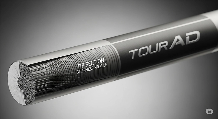 A detailed view of the tip section of a Tour AD golf shaft, highlighting its unique stiffness profile for better ball control.