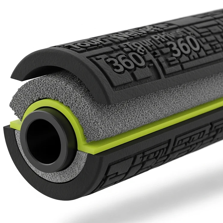 A cross-sectional view of the Golf Pride Tour Velvet 360 grip, highlighting the proprietary rubber blend that delivers superior durability and feedback.