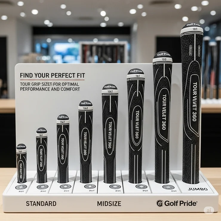 A display of the various sizing options available for the Golf Pride Tour Velvet 360, including standard, midsize, and jumbo, to ensure every golfer can find the perfect fit for their hands.