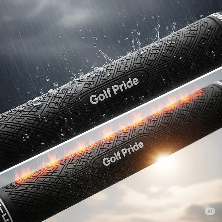 A dynamic illustration depicting a Golf Pride Tour Velvet grip maintaining its traction and control in various weather conditions, from rain to heat, highlighting its all-weather reliability.