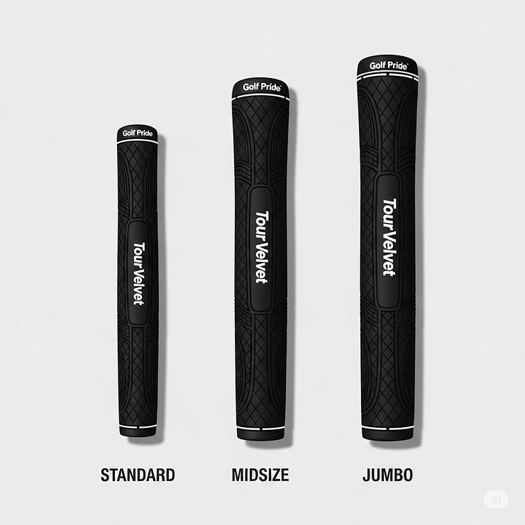 An illustration displaying the various sizes of the Golf Pride Tour Velvet grip, including standard, midsize, and jumbo, to help golfers find the perfect fit for their hands.