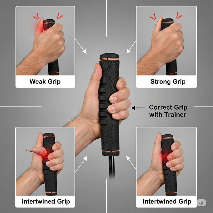 A visual guide showing common mistakes in a golf grip, such as a weak or strong hold, which a trainer grip can help correct for a better game.