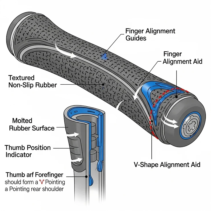 A detailed diagram of a golf trainer grip, highlighting its ergonomic design and built-in guides that help new players develop a consistent and effective grip.