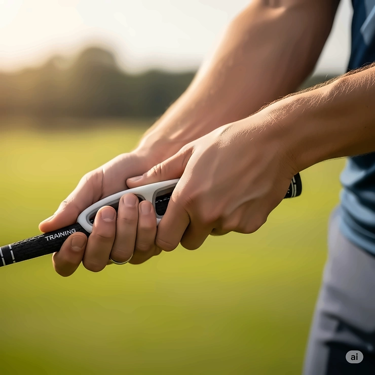 A close-up shot of a golfer's hands holding a training grip club, showing the proper finger placement and a relaxed posture for an improved golf swing.