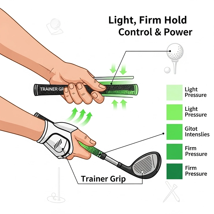 An infographic illustrating the ideal grip pressure on a golf club, with a trainer grip helping to teach the importance of a light, firm hold for control and power.