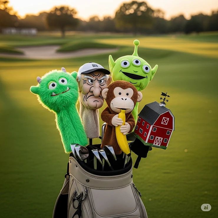 A golf bag with a unique collection of funny golf club covers, each representing a different style, from a fuzzy monster to a comical caricature.
