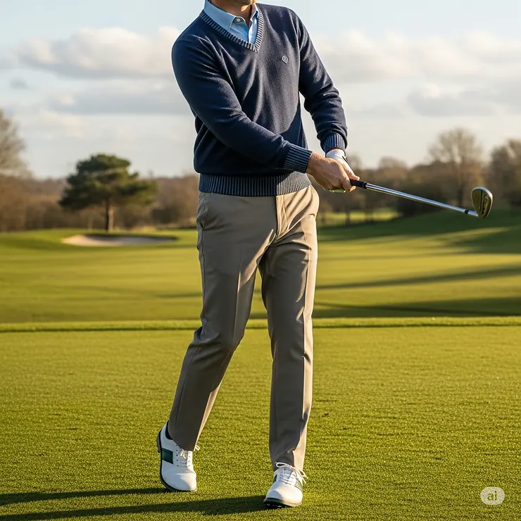 A man layered in a V-neck golf sweater over a polo shirt, demonstrating a classic and comfortable outfit for playing golf in cooler weather.