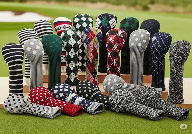 A collection of different knit hybrid golf head covers in various colors and patterns to match any golfer's style.