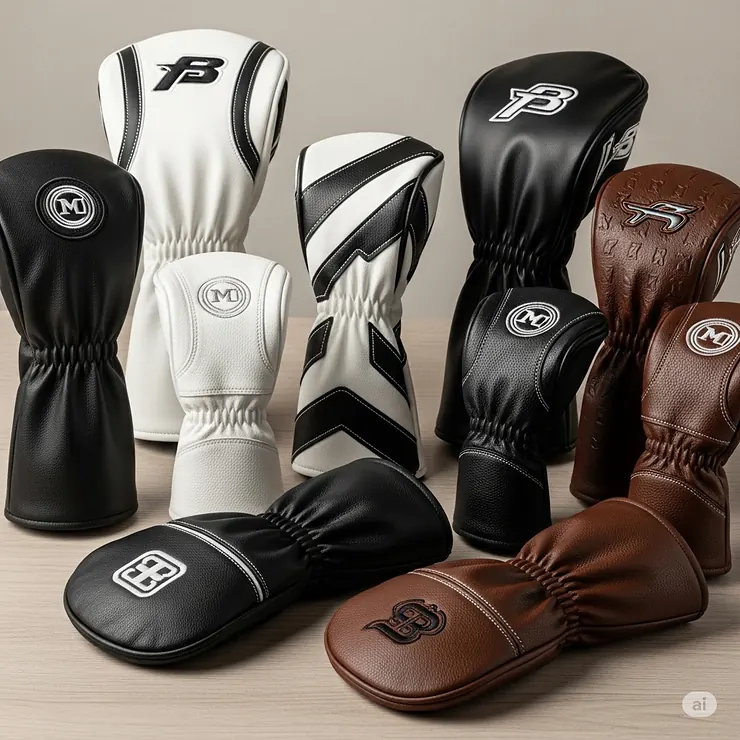A collection of different colored and styled leather golf driver headcovers, including white, black, and brown options.