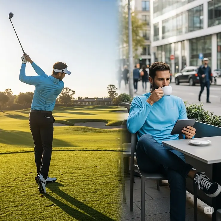 An image showing the versatility of the long sleeve sun protection golf shirt being worn both on and off the golf course.