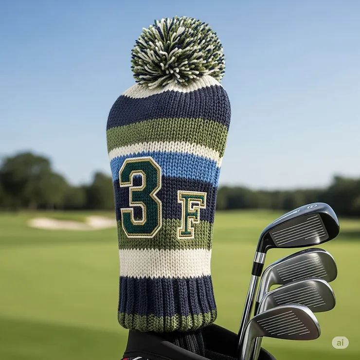 A vintage, retro-style fairway wood headcover featuring a classic pom-pom design, adding a nostalgic touch to a modern golf set.