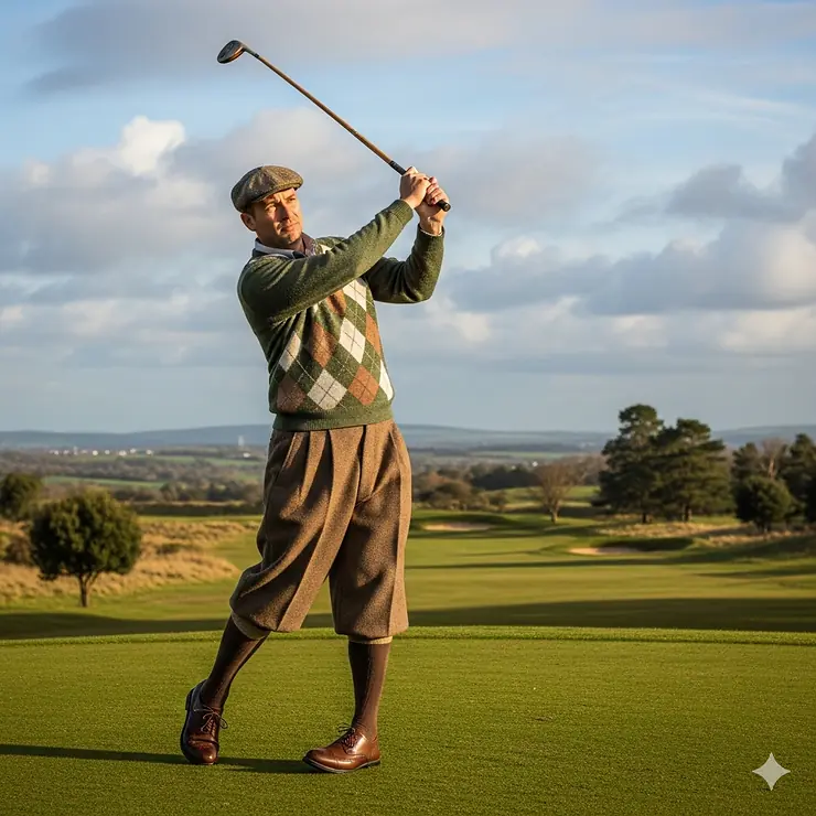 A man in a vintage argyle sweater and plus-fours plays a round of golf on a classic course, highlighting timeless vintage golf clothes.
