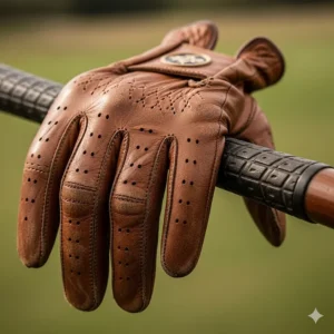 A worn leather vintage golf glove resting on a golf club handle, showing its unique texture and patina.