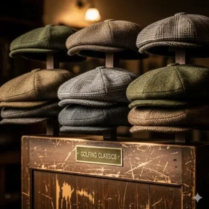 An array of vintage golf hats, including classic flat caps and tweed styles, shown on a rustic display.