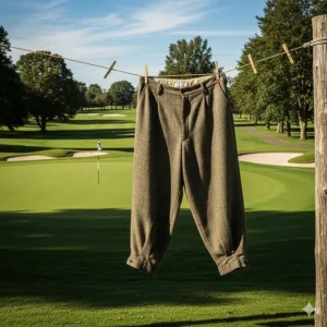 A pair of wool vintage golf pants, known as plus-fours, hanging on a clothesline with a golf course in the background.