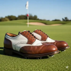 A pair of classic two-toned vintage golf shoes, featuring leather and a wingtip design, resting on a green.