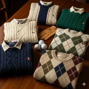 A collection of vintage golf sweaters, including cable-knit and argyle patterns, neatly folded on a wooden table.
