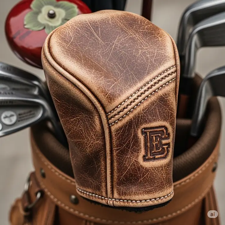 An image highlighting the vintage style of a distressed brown leather golf headcover, perfect for a classic golf bag setup.