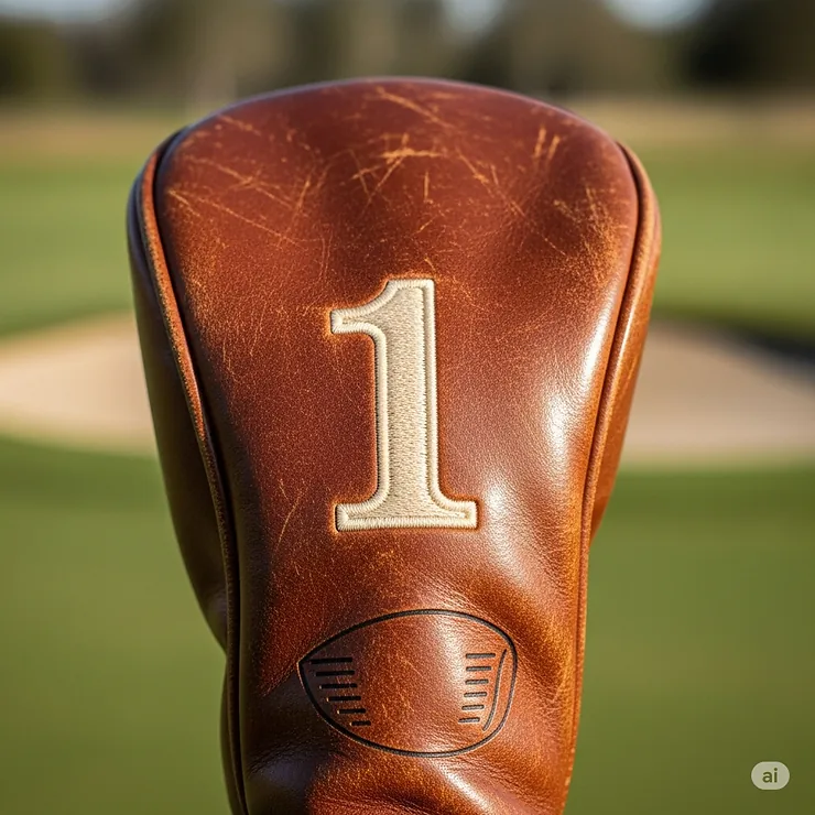 A close-up shot of a vintage, well-worn brown leather golf headcover with a number "1" embroidered on the front.