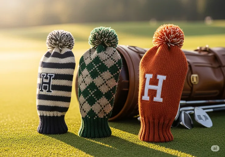 Classic vintage-style knit hybrid golf head covers, perfect for adding a nostalgic touch to your golf gear.