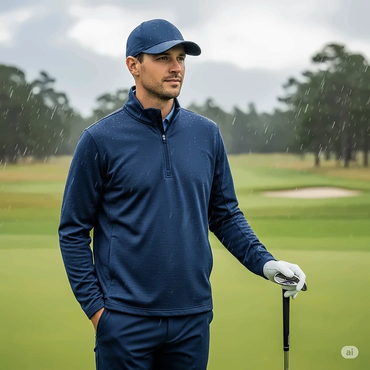 A man in a water-resistant golf quarter-zip jacket staying dry during a light rain shower.