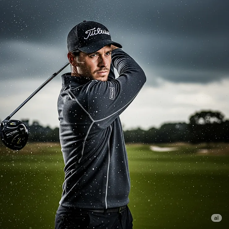 A dynamic shot of a golfer swinging while wearing a waterproof golf sweater, highlighting the performance features and weather resistance of the garment.