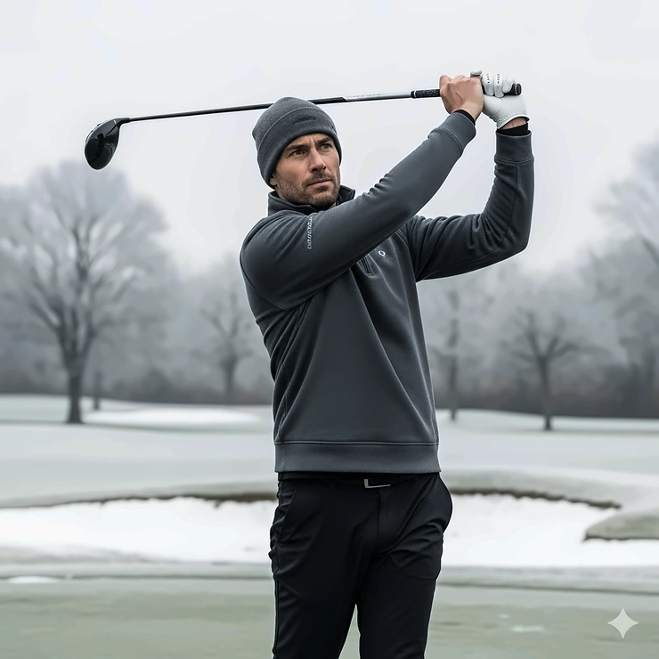 A golfer bundled up in a warm men's golf sweatshirt as part of a cold-weather outfit for playing in winter.