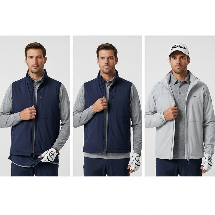 A visual guide demonstrating how to layer a long sleeve golf shirt under a vest or jacket for warmth during colder weather.
