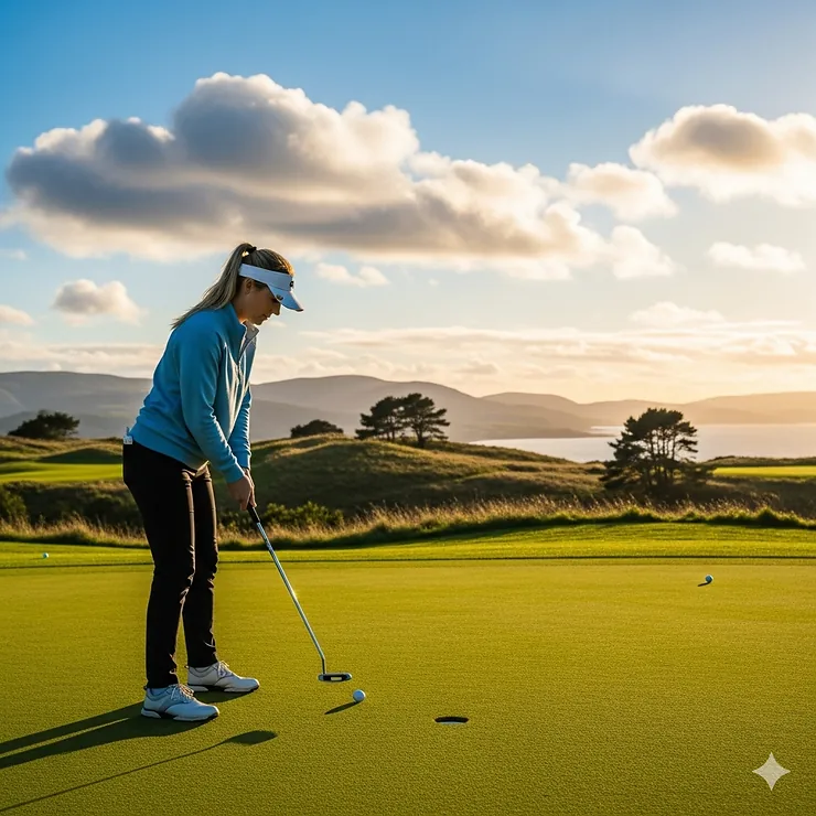 A woman wearing a light blue women's golf sweatshirt, putting on a green with a scenic background.
