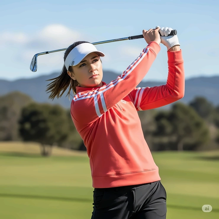 A female golfer wearing a fashionable women's golf sweatshirt, providing warmth and flexibility.