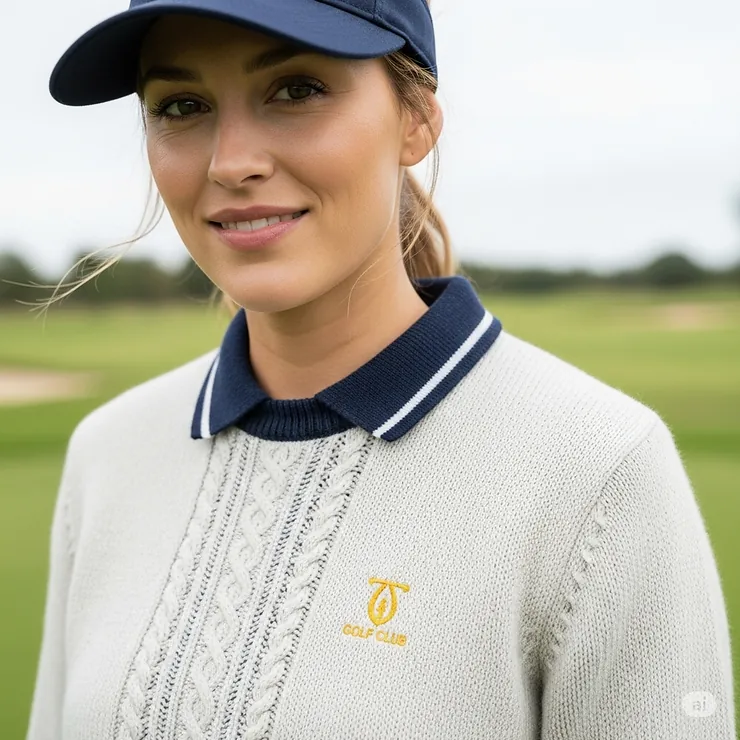A close-up shot of a woman in a classic knitted golf sweater, highlighting the soft fabric and elegant design suitable for a day on the course.