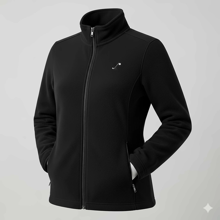 A black women's golf fleece jacket with zippered pockets, suitable for cooler weather.