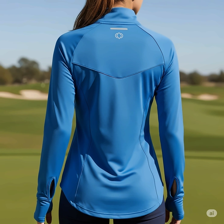 Back view of a women's golf pullover, highlighting its athletic fit and design.