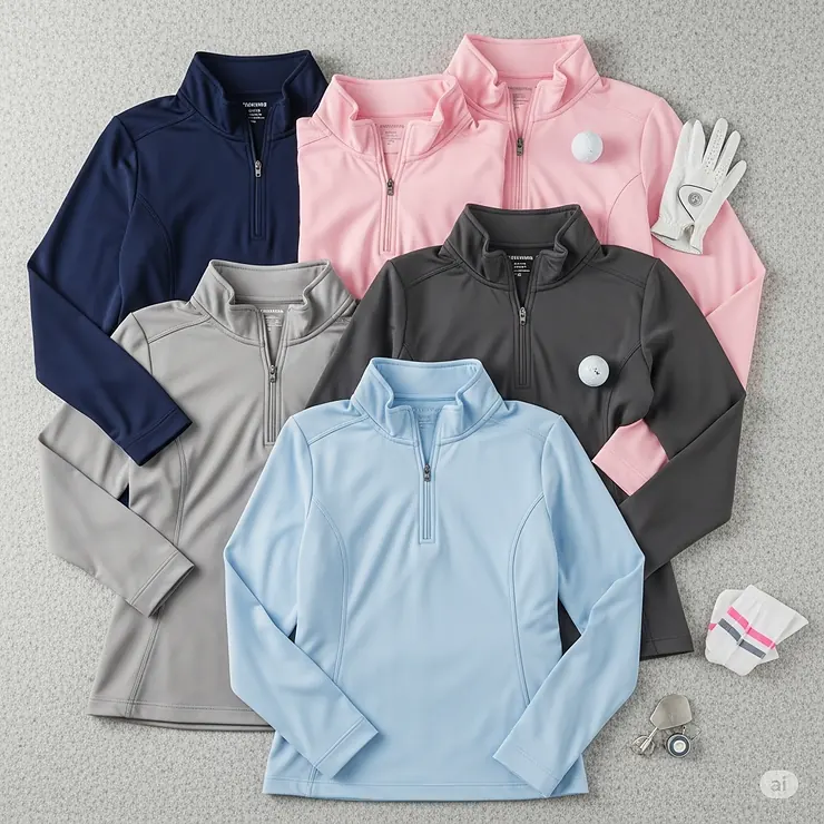 A flat-lay of several women's golf pullovers in various colors like navy, pink, and gray.