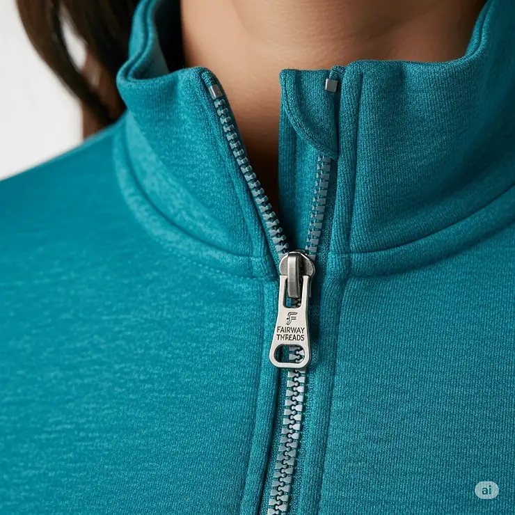 A close-up of the quarter-zip detail on a high-quality women's golf pullover.