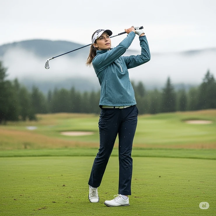 A woman playing golf on a misty day, protected from the elements by her water-resistant women's golf pullover.
