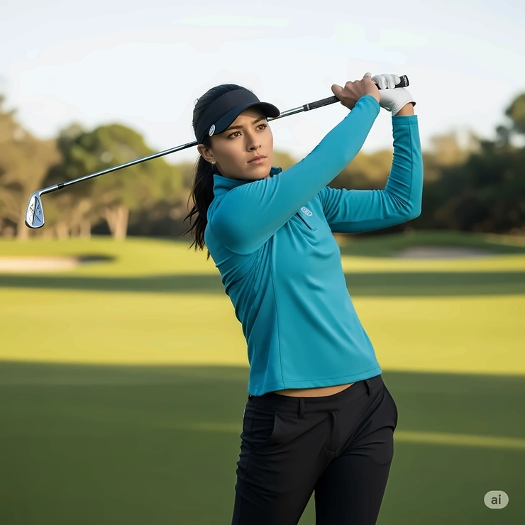 A woman mid-swing, showcasing the stretch and flexibility of a women's golf pullover.