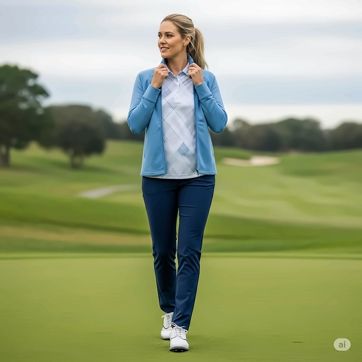 A woman layering a women's golf quarter-zip over a polo shirt on a cool day.