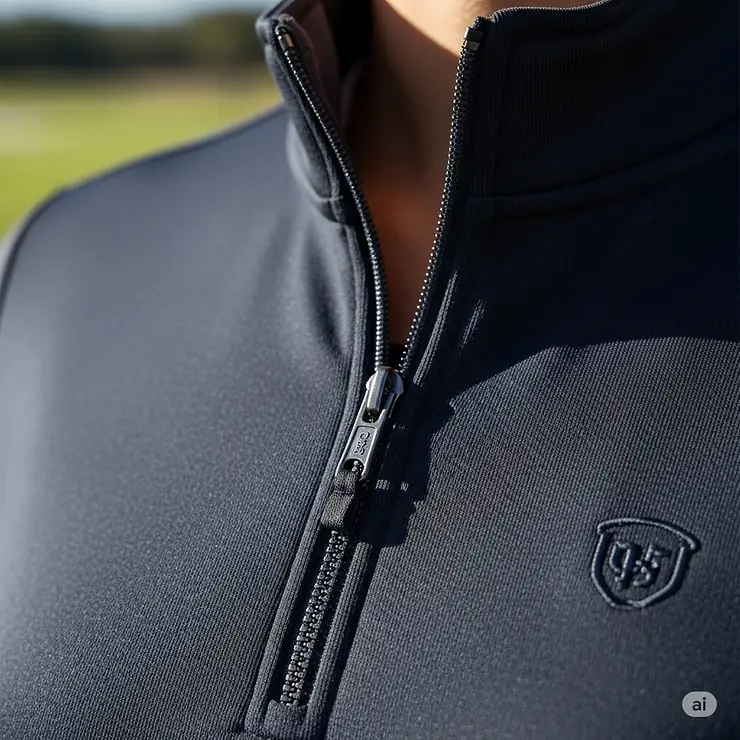 Detail of a dark navy women's golf quarter-zip highlighting the durable fabric and zipper quality.