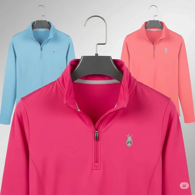A vibrant pink women's golf quarter-zip displayed on a hanger, showcasing color options.