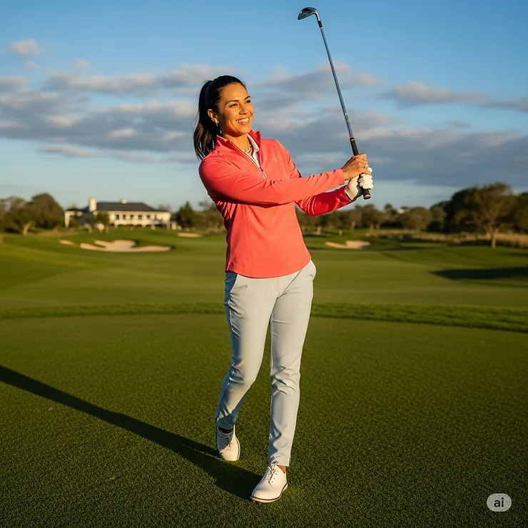 Lifestyle shot of a woman in a fashionable women's golf quarter-zip, perfect for the course or casual wear.