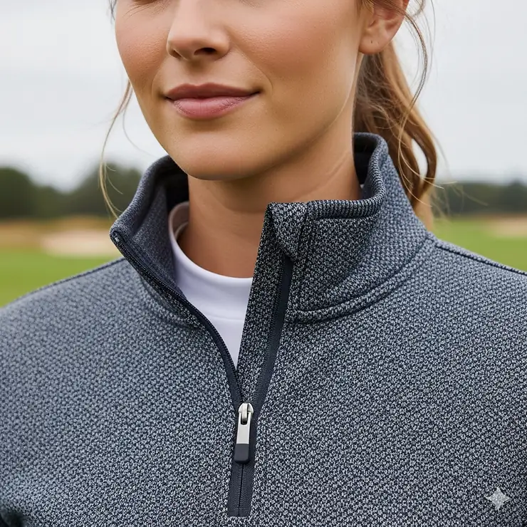 A close-up shot of a woman wearing a quarter-zip golf sweatshirt, showing the textured fabric and high collar.