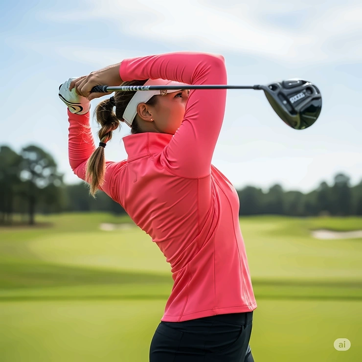 A woman mid-swing, demonstrating the non-restrictive design of a stretchy women's golf quarter-zip.