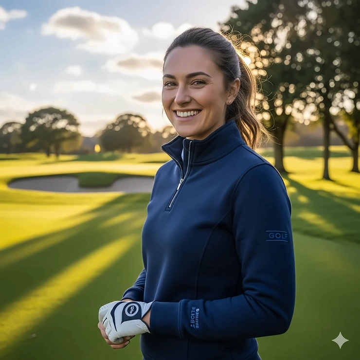 A woman wearing a stylish navy blue women's golf sweatshirt, smiling on a sunny day at a golf course.
