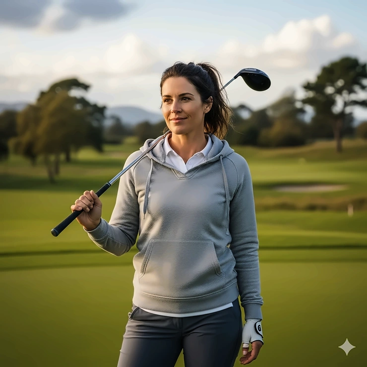 A woman in a casual gray hooded golf sweatshirt, holding a golf club and looking relaxed.