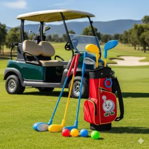 A complete golf club set for a 3-year-old, including a lightweight carry bag, placed next to a golf cart.