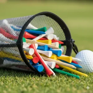 Interior view of a transparent mesh golf tee bag containing a large assortment of wooden and plastic tees.