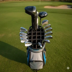 An overhead shot looking down into a backpack golf bag, showing the individual club dividers for easy organization.