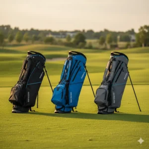 A collection of three backpack golf bags in different colors—black, blue, and gray—lined up side-by-side.