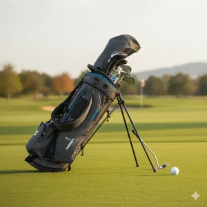 A backpack golf bag with its integrated stand fully extended, leaning on the ground next to a putting green.
